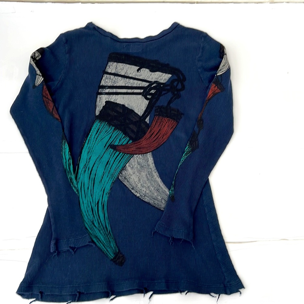 Lauren Moshi Thermal Top, Distressed Tattoo Airbrush Women’s Blue Graphics Large